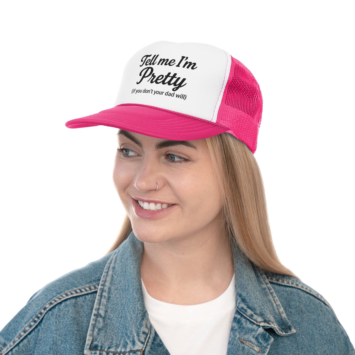 Playful Pink Trucker Cap - "Tell Me I'm Pretty" with Lip Print