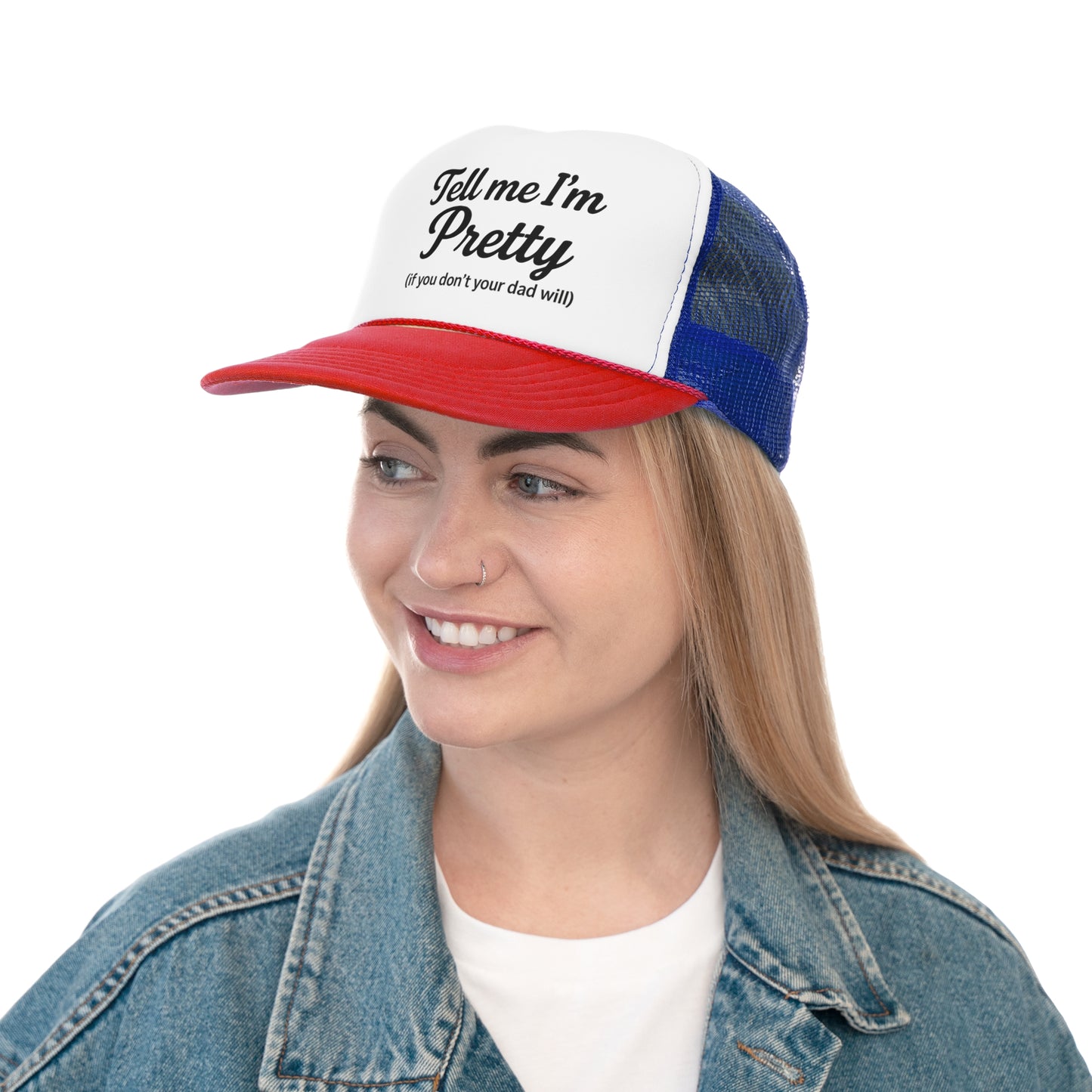 Playful Pink Trucker Cap - "Tell Me I'm Pretty" with Lip Print