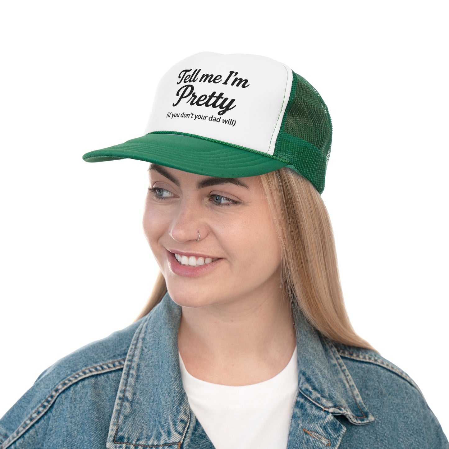 Playful Pink Trucker Cap - "Tell Me I'm Pretty" with Lip Print