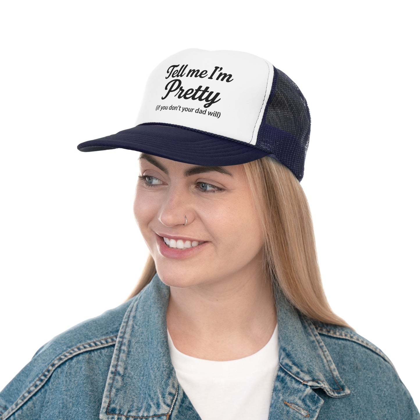 Playful Pink Trucker Cap - "Tell Me I'm Pretty" with Lip Print