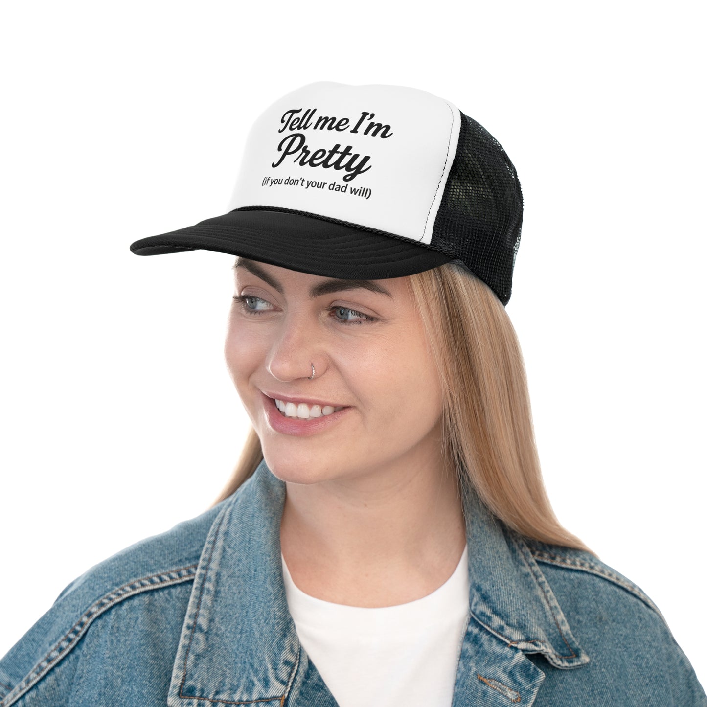 Playful Pink Trucker Cap - "Tell Me I'm Pretty" with Lip Print